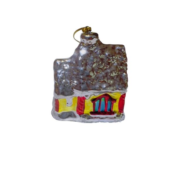 VTG Ceramic Christmas Tree Village House Metallic Glaze Red Yellow Ornament - Picture 1 of 5
